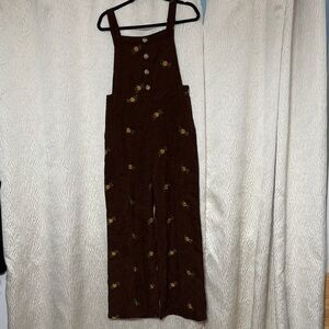 Cider Brown Floral Wide Leg Corduroy Overalls Jumpsuit- Size Medium